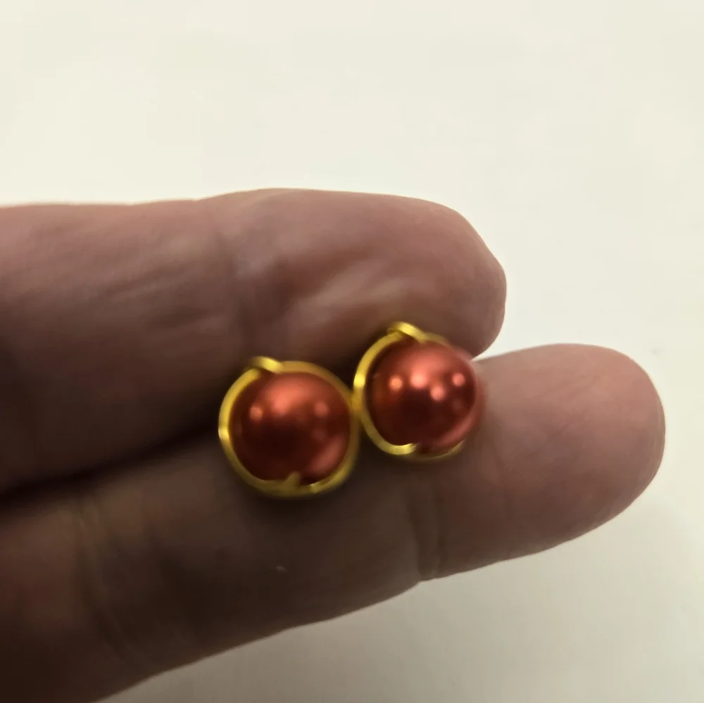 Hand Crafted Gold and Red Faux Pearl Post Earrings - Picture 8 of 10